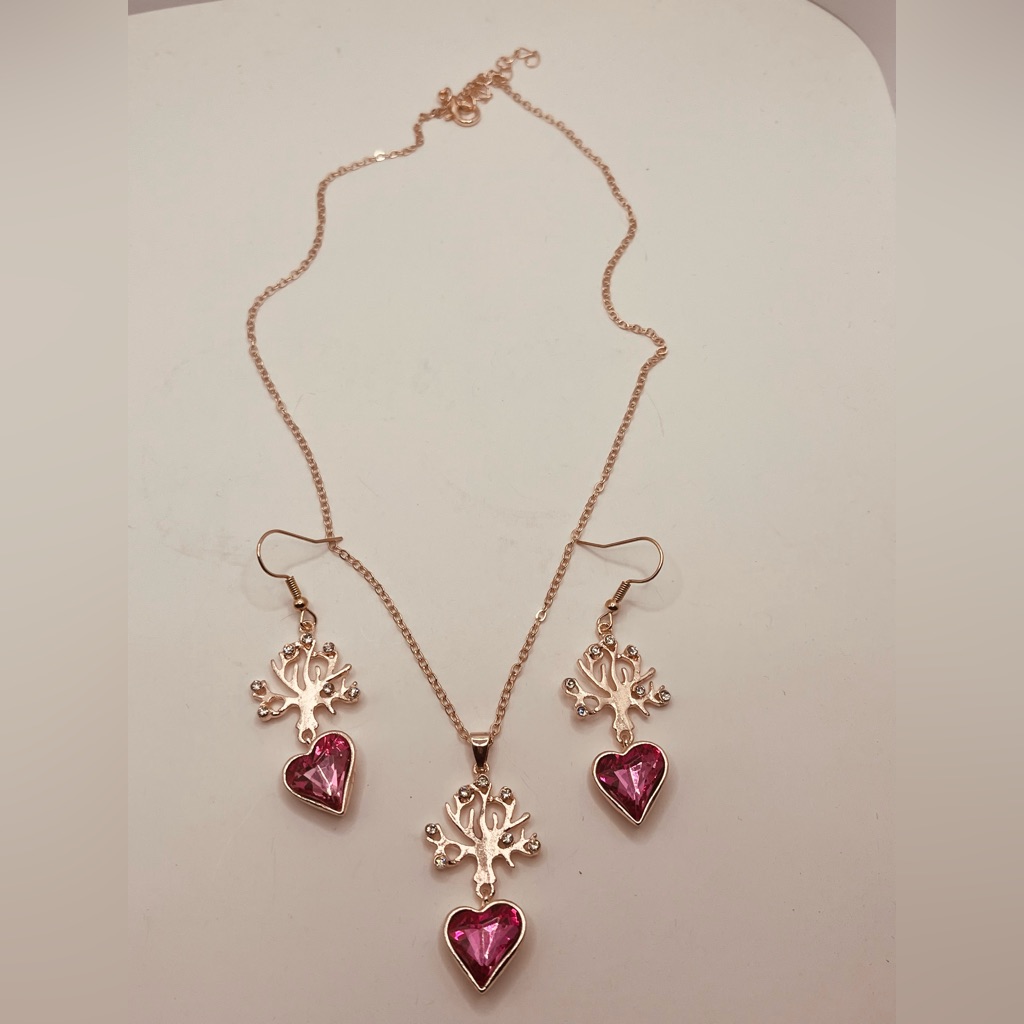 Gold Plated Set Necklace And Earrings For Women Pink Color 22$